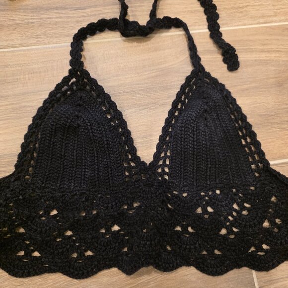 La Hearts Tops - LA Hearts - Women’s Black Crochet Crop Halter Crop Top